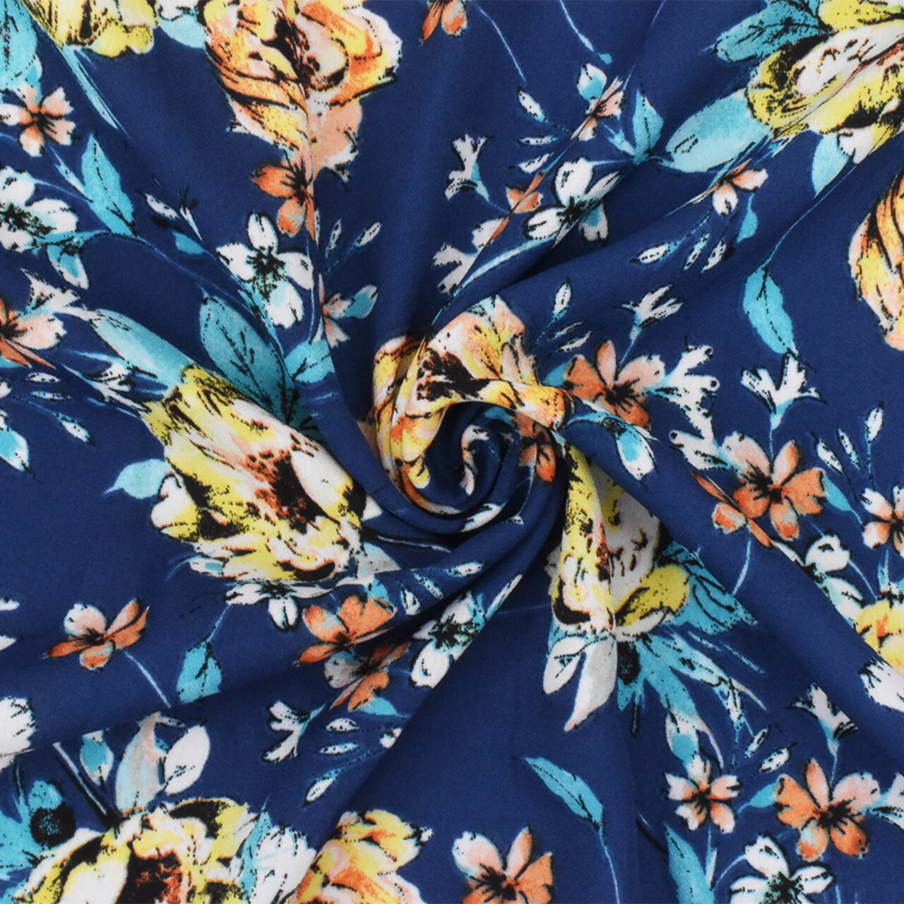 Blue-Yellow-Multi Poly Floral Printed Crepe Momie Georgette Woven Fabric By the Yard